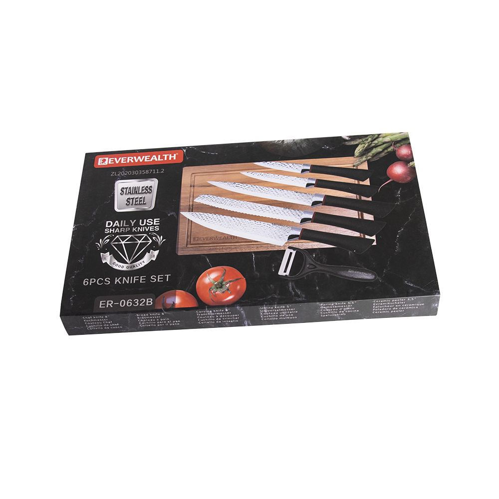 Nou sosire 6PCS Set de cuțit negru din plastic mâner din oțel inoxidabil Set de cuțit de bucătărie cu pachet cutie cadou 