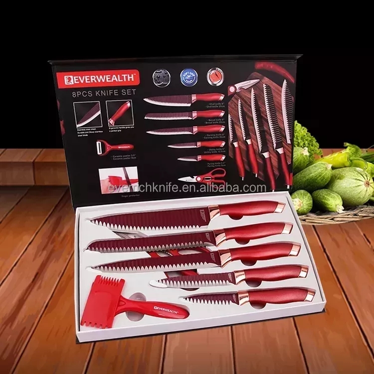 Cel mai atractiv Hot Selling 8 buc Set de cuțit de bucătărie Culoare roșie cu cutie cadou 