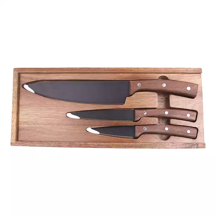 Cuțite de bucătărie de acoperire cu oxid negru de vânzare la cald Set de cuțite de bucătărie cu mâner din lemn de nuc 