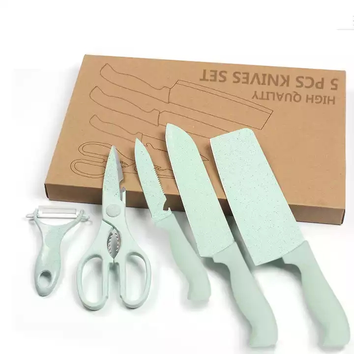 Set de cuțite de bucătărie de 5 paie de grâu din oțel inoxidabil cu foarfece și peeler ceramic 