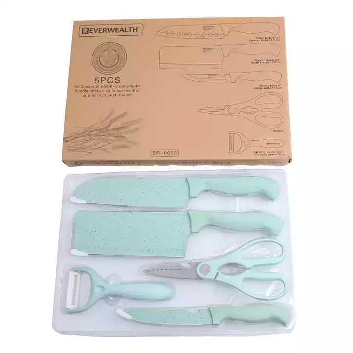 Set de cuțite de bucătărie de 5 paie de grâu din oțel inoxidabil cu foarfece și peeler ceramic 