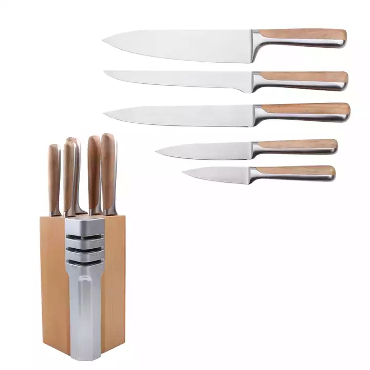Set de cuțite de bucătărie din oțel inoxidabil în lemn de fag + 430 mânere cu bază de depozitare a cuțitului din lemn 